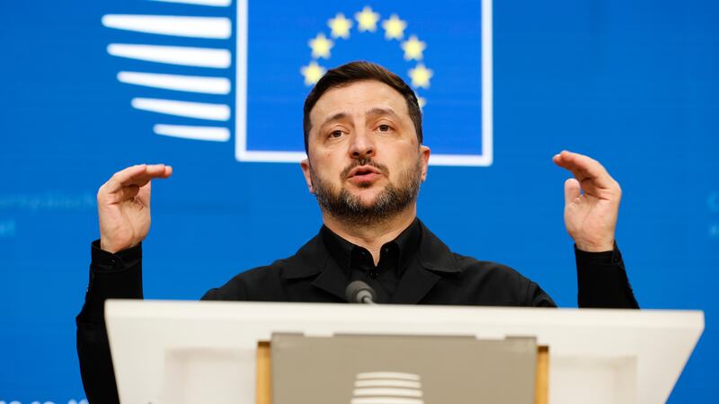 Ukraine's President Volodymyr Zelenskyy speaks during a media conference at the EU Summit in...