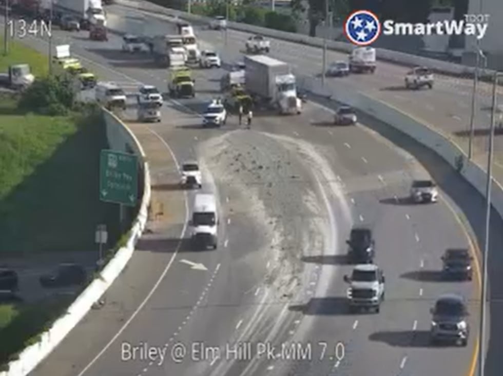 Multiple lanes were blocked Tuesday morning on Briley Parkway after debris spilled on the busy...
