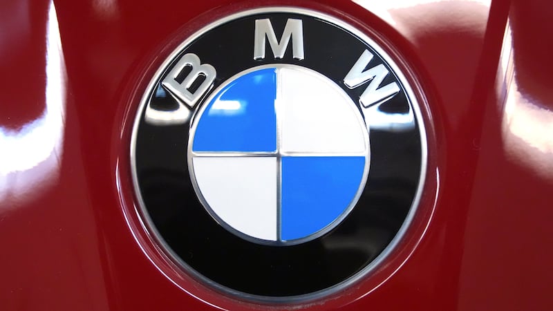This the BMW logo on a BMW M5 automobile on display at the Pittsburgh International Auto Show...