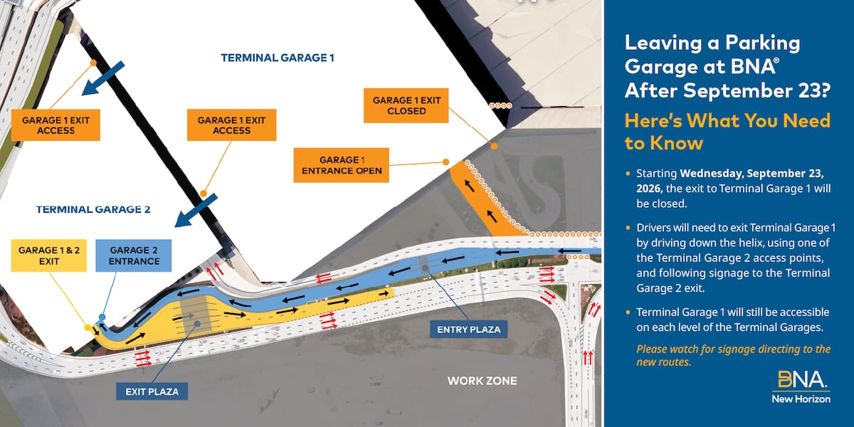 Tap Exit Rout Sign Nashville airport changing Terminal Garage 1 exit route. Here’s when ...