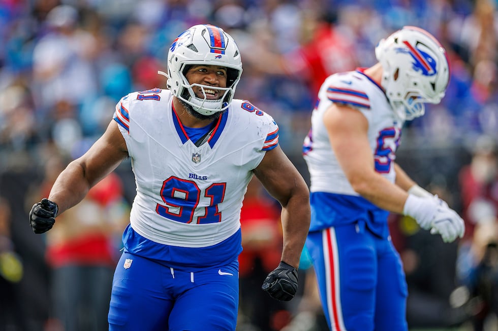Buffalo Bills defensive tackle Ed Oliver (91) celebrates a sack during an NFL football game...