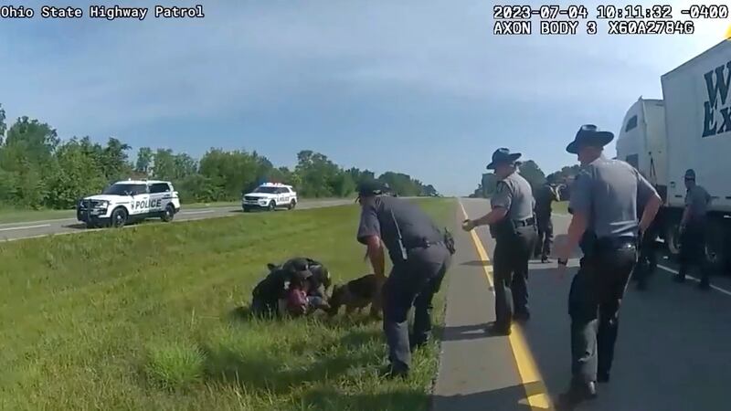 FILE - This image taken from police body cam video shows a police dog attacking Jadarrius...