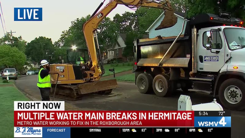 The ruptures occurred in Old Hickory and Hermitage on Monday, and repairs lasted into Tuesday...